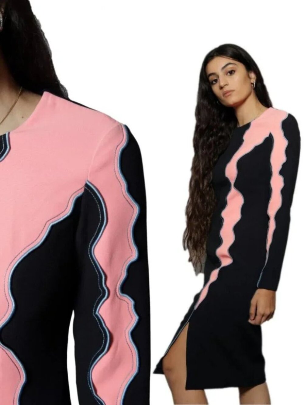 VERSACE Runway F/W 2016 Navy Blue Pink Panelled Wave Dress NWT IT Sz 42